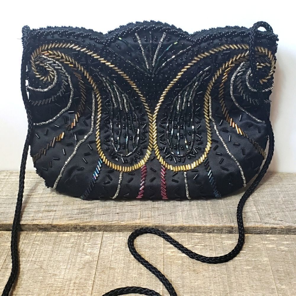 VINTAGE SIGNATURE STUDIO Zip Top Beaded Crossbody Evening Bag